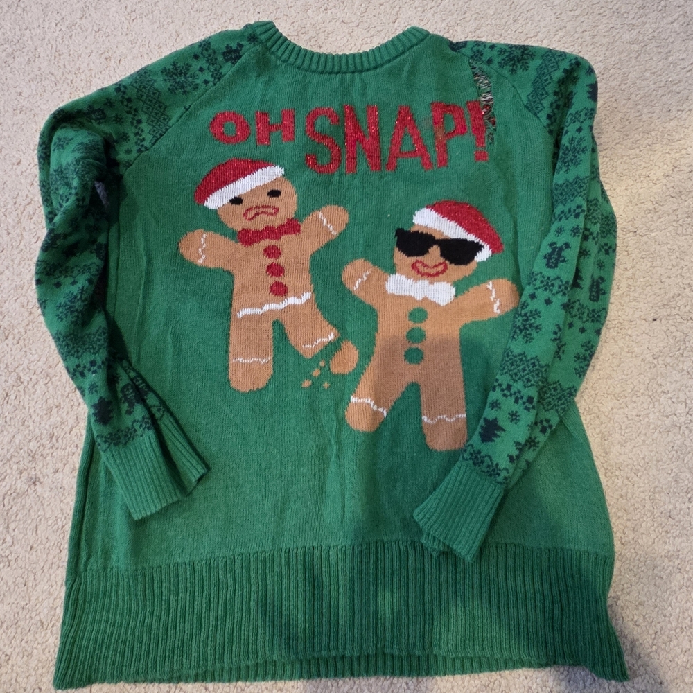Green Holiday Sweater with Gingerbread Design